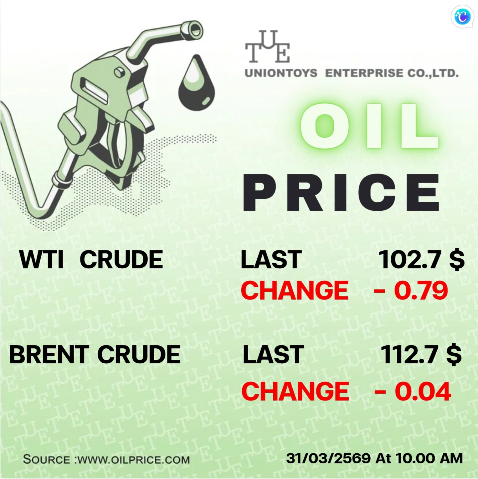 Uniontoys Oil Price Update - 31-03-2026
